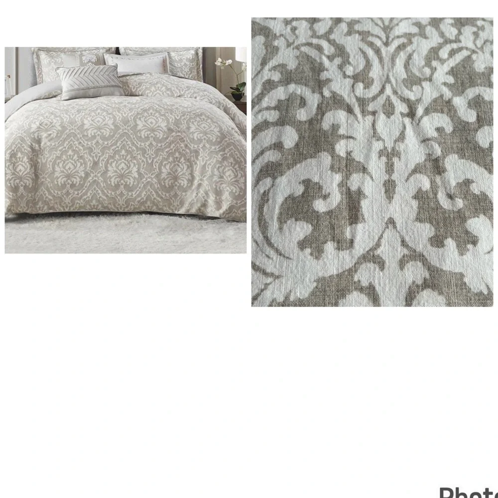Nicole Miller Elegant Damask Duvet Cover in Beige and White Organic Cotton Full